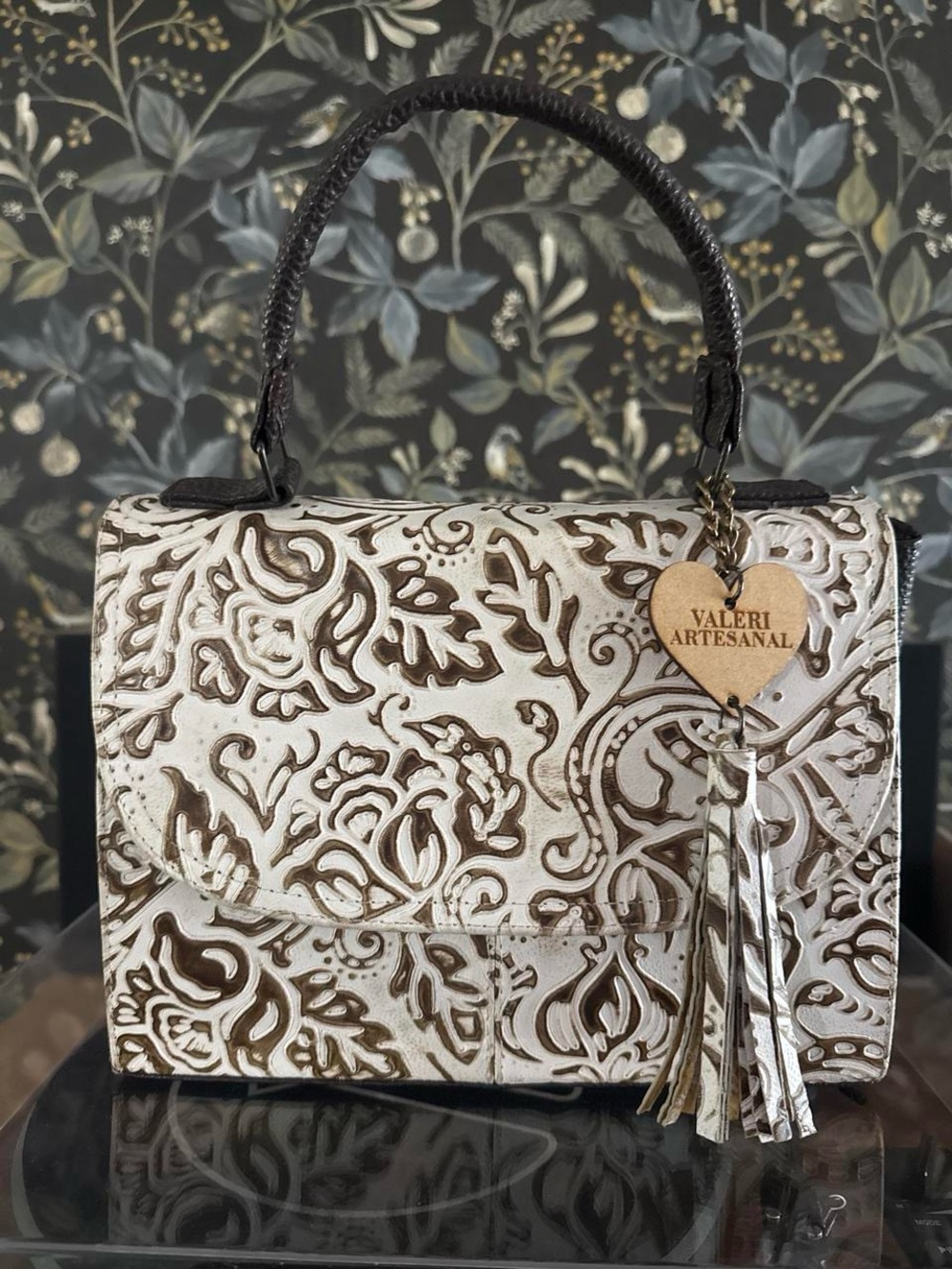 White & Brown Embossed Leather Top-Handle Satchel